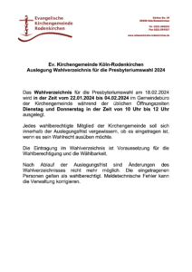 Read more about the article Auslegung des Wahlverzeichnisses für die Presbyteriumswahl