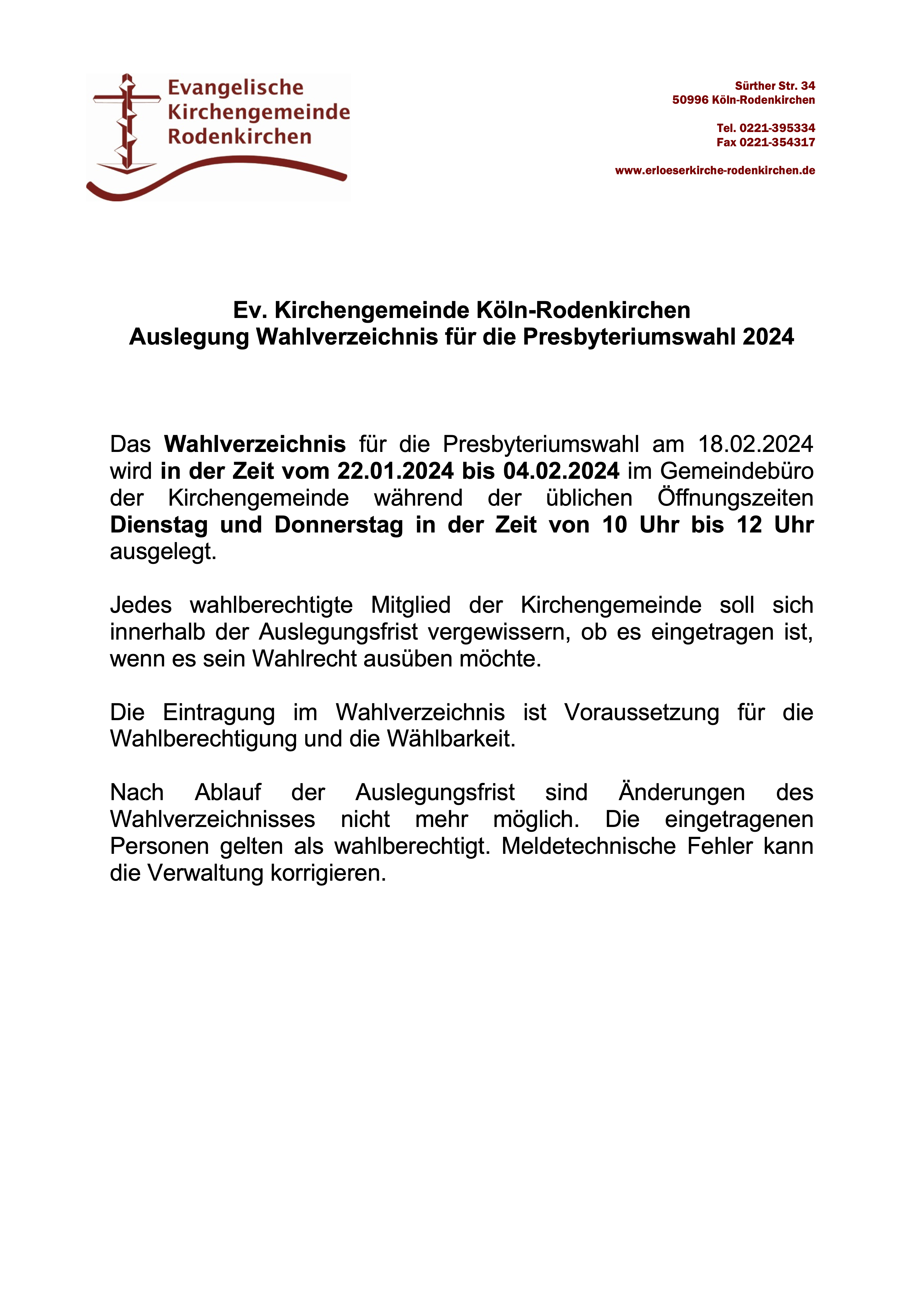 Read more about the article Auslegung des Wahlverzeichnisses für die Presbyteriumswahl